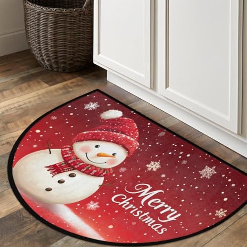 Merry Christmas Cute Snowman Half Round Door Mat, Non-Slip Welcome Indoor Entrance Way Rug Semi Circle Front Doormats Washable Bathroom Kitchen Floor Mat, Outdoor Rugs for Garage, Patio, Hearth Rug