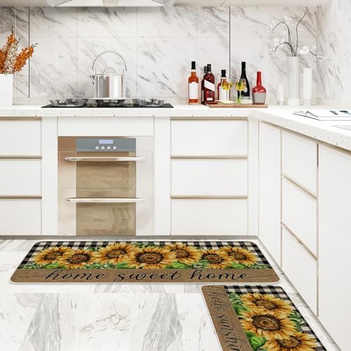 JarThenaAMCS Summer Kitchen Mats Set of 2, Sunflower Plaids Kitchen Floor Mat Non-Slip Decorative Bathroom Rugs for Indoor Outdoor Home Office Decor, 17 x 29 Inch & 17 x 47 Inch