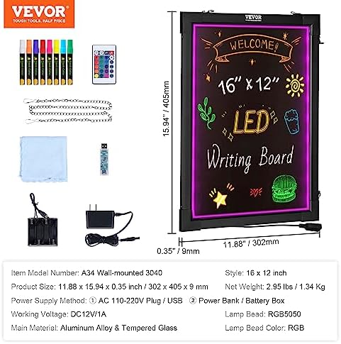 VEVOR LED Message Writing Board, 16"x12" Illuminated Erasable Lighted Chalkboard, Neon Effect Menu Sign Board, Drawing Board with 8 Fluorescent Chalk Markers and Remote Control, for Home Wedding Shop