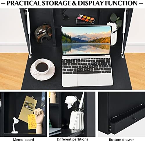 COSTWAY Wall-Mounted Computer Desk, Floating Desk with Storage Drawer & Shelves, Fold-up Desktop & Pneumatic Springs, Ideal for Home, Office, Dormitory, Small Spaces (Black)