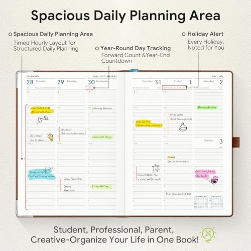 Planner 2026-2027 Weekly & Monthly Planner with Hourly Time Slots, 18 Month Academic Calendar July 2026 – Dec 2027, Vertical Layout, Monthly Tabs, Hardcover Business Agenda, Brown