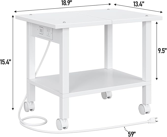 TUTOTAK Printer Stand, 2 Tier Rolling Printer Cart with Charging Station | Small Under Desk Printer Table with Wheels for Small Space, Office, Home, White PS01BW001P