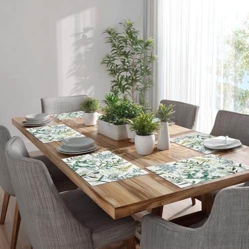 Batmerry Summer Green Sage Linen Placemats Set of 6, Vintage Plant Leaves Elegant Blue Wild Flowers Washable Table Mats for Kitchen Table Thickened Heat Insulation Dining Set Indoor Outdoor 12X18 in