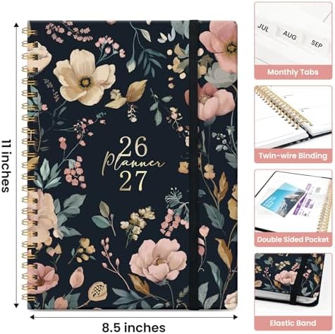 Planner 2026-2027, Jul 2026-Jun 2027 Academic Monthly & Weekly Planner | 8.5" x 11" Hardcover Pretty Calendar Planner for Women, Spiral Organizer for School Office Home Supplies, Evening Petals