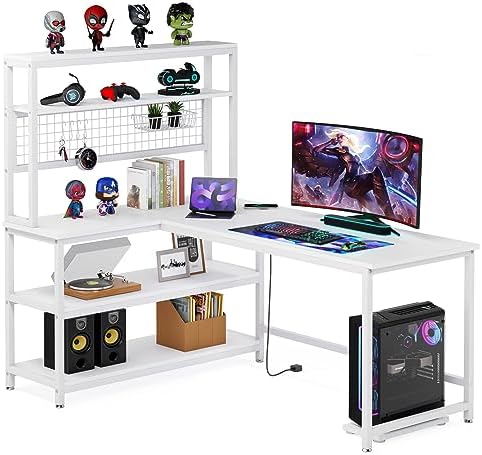 LITTLE TREE L-Shaped Computer Desk, 55 Inch Reversible Office Desk, Study Writing Table with Wireless Charging and Bookshelf for Home Office, White
