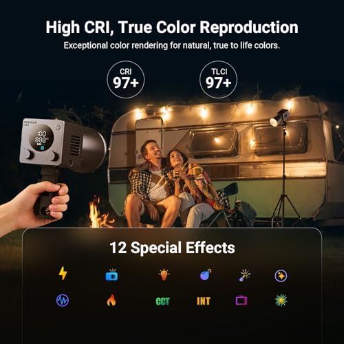 NEEWER 60W Mini LED Video Light with 50Wh Battery/100W PD Fast Charging, APP/2.4G Control/NFC, Bi Color Dimmable COB Studio Continuous Output Lighting 44,800 lux/1m 2700-6500K CRI97+ 12 Scenes, HB60B