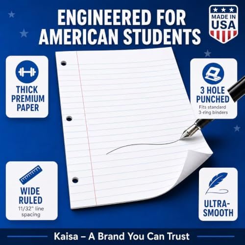 Kaisa loose Leaf Paper Filler Paper 1800 Sheets 8"x10.5",Wide Ruled, 3-Hole Punched for 3-Ring Binders, Carton of 12pack