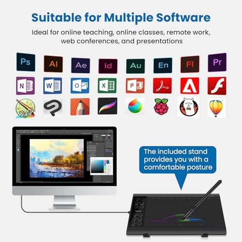 Graphics Drawing Tablet, 10×6 Inch Large Active Area with Battery-Free Stylus, 8192 Levels of Pen Pressure and 12 Hot Keys, Compatible with PC/Mac/Android for Painting, Design & Online Teaching