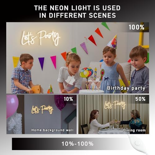 Lets Party Neon Sign with Dimmable for All Partys,17x7.5inch, Neon Lights for Wall Decor, Birthday, Wedding, Bachelorette Party, Valentine's Day Gifts Let's Party Neon Lights with 5V USB Cable, Warm White Cheers Sign