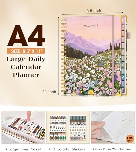 Academic Planner 2026-2027, Hardcover Weekly and Monthly Calendar Planner from July 2026 - June 2027, 8.5" x 11" A4 Large Daily Agenda with Tabs, College School Organizer for Student Teacher, Wildflower Mountainside
