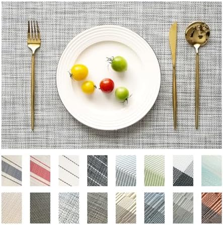 Placemats Set of 12 Vinyl/Plastic Woven Place Mats for Kitchen Table Indoor/Outdoor Washable Placemat Wipeable Dining Table Mats (Grey,12)
