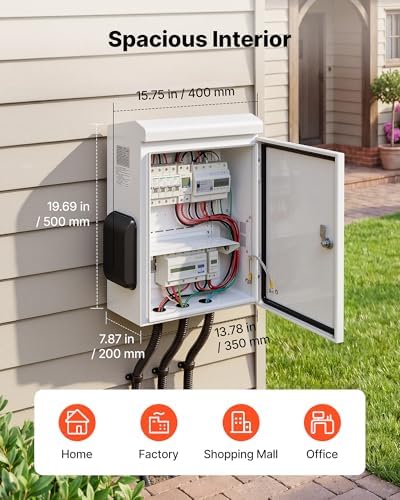 VEVOR Outdoor Electrical Box, Cold-Rolled Steel, Electrical Junction Box with Thermostat and Fan, Rain Hood, Ventilated Design, IP65 Waterproof Hinged Enclosure, Wall/Pole Mounted, 20 x 16 x 8 in