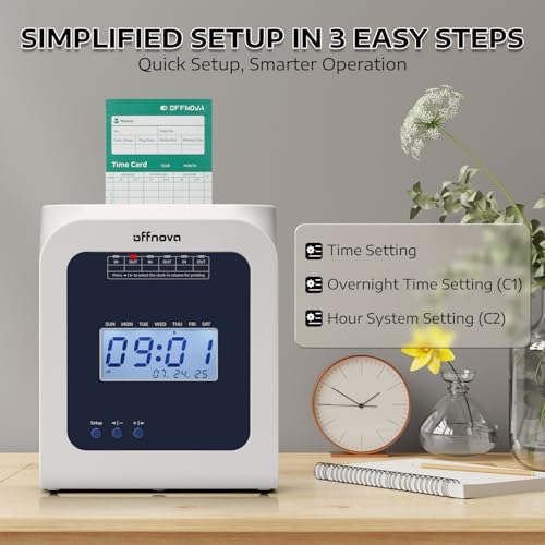 OFFNOVA Thermal Time Clock for Employees Small Business, No Ink Ribbons or Network Needed, in/Out Time Attendance Machine with 50 Time Cards, White
