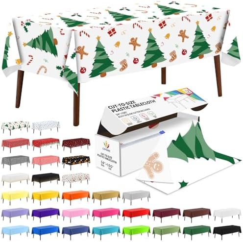 CXPSINC 54 Inch X 100 Feet Plastic Table Cover Roll Disposable Tablecloth with Slide Cutter for All Type/Shape Tables | Party, Banquet, Birthdays, Weddings(Christmas Tree, 100 Feet)