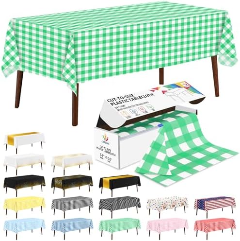 CXPSINC 54 Inch X 100 Feet Plastic Table Cover Roll Disposable Tablecloth with Slide Cutter for All Type/Shape Tables | Party, Banquet, Birthdays, Weddings(Green Checkered, 100 Feet)