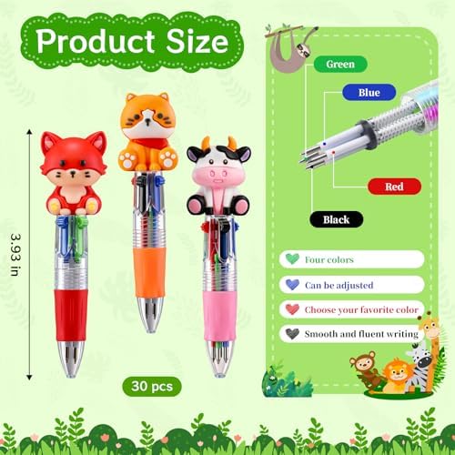 30Pcs Animals Mini Multicolor Pen in One 4-in-1 Cute Pens Bulk, Ballpoint Pens for Birthdays Parties, Fun Pens Gifts Assorted Ink Kawaii Pen