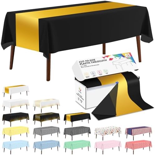 CXPSINC 54 Inch X 300 Feet Plastic Table Cover Roll Disposable Tablecloth with Slide Cutter for All Type/Shape Tables | Party, Banquet, Birthdays, Weddings(Black & Glod,300 Feet)