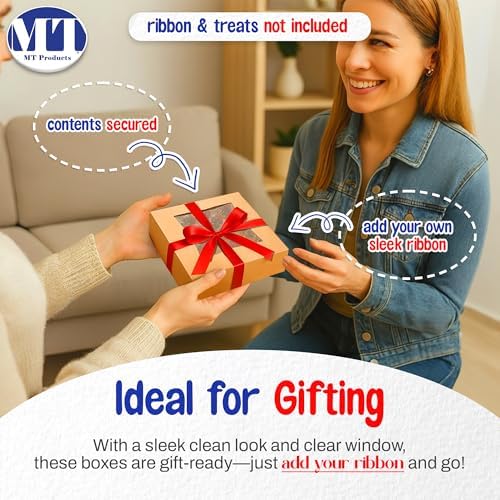 MT Products Kraft Cookie Boxes 8" x 8" x 2.5" - Auto Pop-Up Bakery Boxes with Window (Pack of 25) - Made in the USA