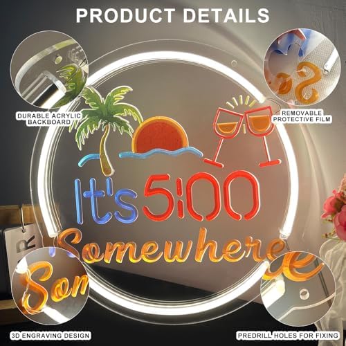 Its 5 00 O'clock Some Where Neon Sign for Wall Decor, 17" x 13" Dimmable LED Beer Sign, 5V USB Powered Bar Neon Light for Home Bar, Business Pub, Beach Party Wall Décor