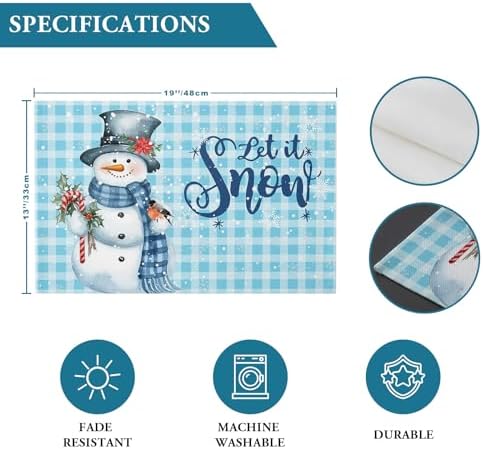 Snowman Christmas Placemats Set of 4, Let It Snow Winter Holiday Heat Resistant Washable Table Place Mats Blue White Buffalo Plaid Table Linens Party Holiday Decor for Kitchen Dining Outdoor Indoor