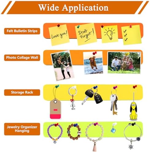 8Pcs Rectangle Felt Cork Board Bar Strips with 35 Pushpins, Self-Adhesive Bulletin Board Strips for Office School Home Wall Decor Stickers Memos Schedules Photos Display -Gradual Orange