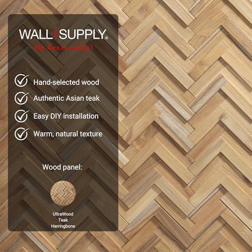 Wall!Supply 3D Wall Panels – Reclaimed Herringbone Asian Teak Wood – Home Decor Wallpaper Alternative for Living Room, Bedroom & Office – Easy DIY Installation – 16 Pack, Covers 11.63 Sq Ft
