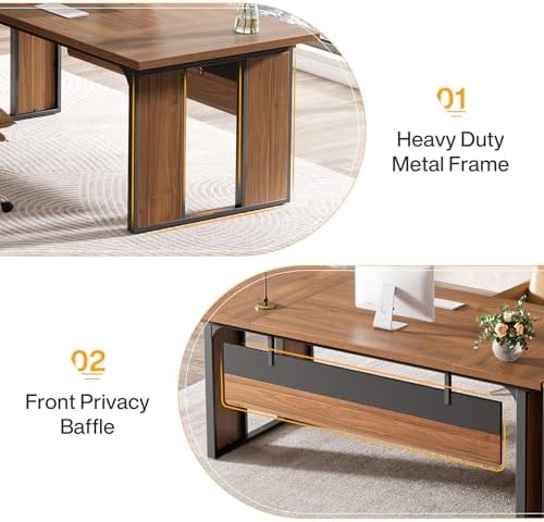 Tribesigns 63‘’ L-Shaped Executive Desk, Office Table with 47-Inch Drawers Cabinet, Large Computer Desk with Storage Shelves, Business Furniture Set for Home Office, Brown