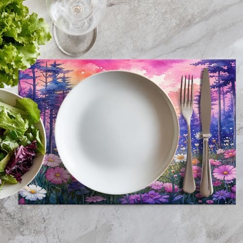 Batmerry Forest Flowers Sunset Linen Placemats Set of 6, Beautiful Forest Sunset Scene Washable Table Mats for Kitchen Table Thickened Heat Insulation Dining Set Indoor Outdoor 12X18 in