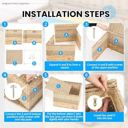 Cinnvoice Extra Large Decorative File Box 18 x 16 x 13 in Wicker Seagrass File Basket Organizer for Letter Legal Size Hand Woven Hanging Filing Cabinet with Lid for Office Water Hyacinth, Tricolor