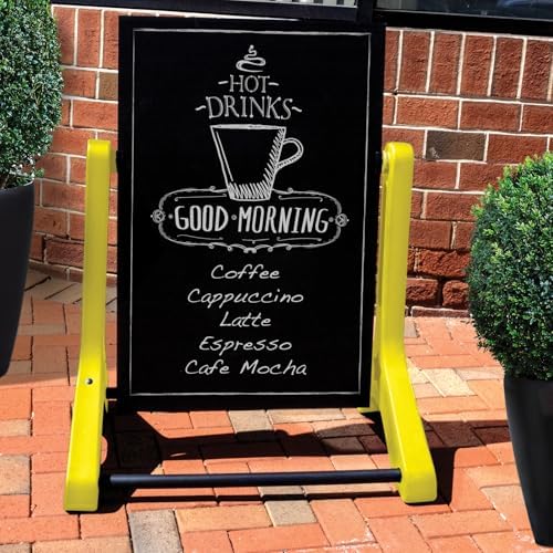 Swinging Changeable Message Sidewalk Sign 24″ x 36″ – Outdoor Advertising Sign Board with 792 Pre-Cut Double-Sided Letters & Storage Box – Heavy-Duty, Rust-Resistant Sidewalk Display for Businesses & Events (Yellow Legs)