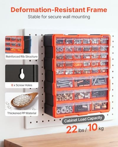 VEVOR 39-Drawer Storage Organizer, Plastic, Drawer Storage Cabinet for Garage Organization, Stackable Small Parts Organizer, Wall-Mounted Toolbox, for Hardware, Beads, Screws, Crafts, Building Bricks