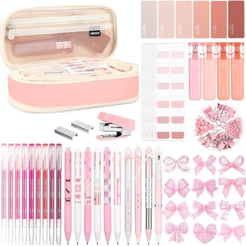 Eersida 58 Pcs Bow School Supplies Set, Pink Pencil Pouch Pens