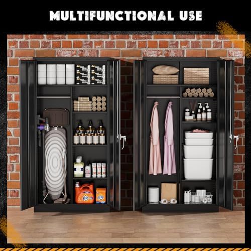 Greenvelly Metal Storage Wardrobe with 2 Doors, Black 72” Steel Storage Wardrobe Cabinet, Employees Locker Closet Clothing Coat Steel Wardrobe Cabinet with Hanging Rod for Garage, Gym, Home Office