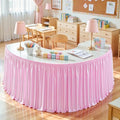 Wish Care 14ft Pink Satin Table Skirt for Rectangle Tables Wrinkle Free Teacher Desk Skirt Glitter Ruffle Table Skirting Cloth for Back to School Classroom Office Dorm Girls Birthday Party Table Decor