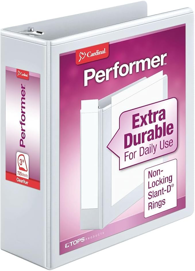 Cardinal Performer 3-Ring Binder, 3", Non-Locking Slant-D Rings, 725-Sheet Capacity, ClearVue Presentation Binder, Nonstick, PVC-Free, White (17600CB)