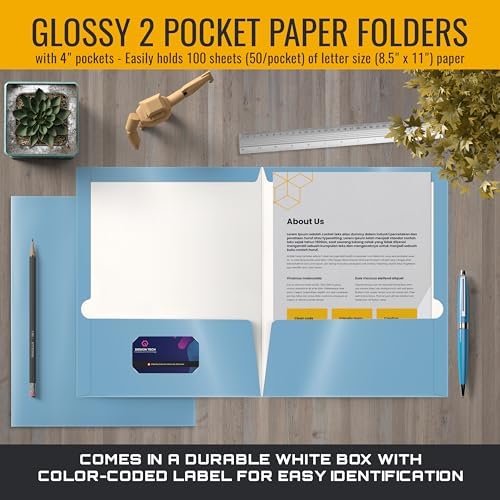 Better Office Products 2 Pocket Glossy Laminated Light Blue Paper Folders, Letter Size, Lt. Blue Paper Portfolios Box of 25 Light Blue Folders