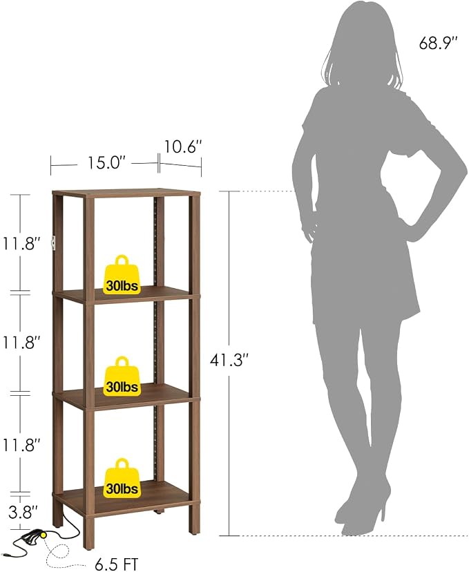 Open Book Shelf with LED Lights, 4 Tier Small Bookshelf, Freestanding Shelf Narrow Bookcase with Open Shelves, 14.96" x 10.63" x 41.26", Book Shelves for Living Room, Office, Study, Walnut
