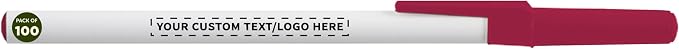 DISCOUNT PROMOS Custom Value Stick Pens Set of 100, Personalized Bulk Pack - Blue Ink, Great for Office, School, Business, Tradeshows, Events - Burgundy Cap