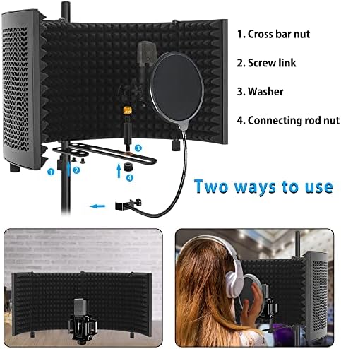 Microphone Isolation Shield with Stand Curved Panel, Foldable Mic Shield with Triple Sound Insulation, Studio Mic Sound Absorbing Foam Reflector for Sound Recording, Podcasts