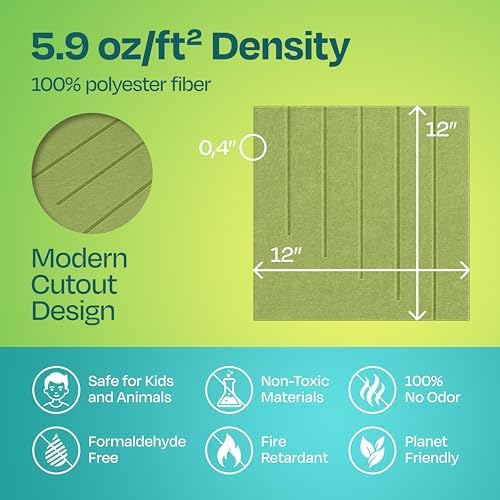 Acoustic Panels 12-Pack Soundproof Wall Panels 12"x12"x0.4" Decorative Sound Dampening for Your Home, Office, Studio, Bedroom & More with Unique LineWave Carving [Gin Green]