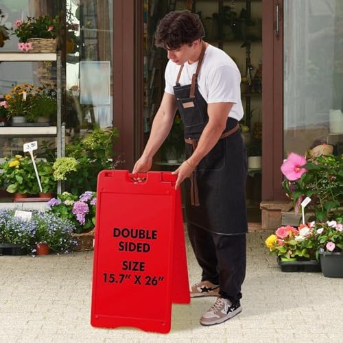 Jumbl A-Frame Signboard 15.7” x 26” Display Surface – Small Outdoor Sandwich Board w/Weather Resistant PVC Sign Protector & Sand Fill Holes – Dual Signage Stand for Storefront Sidewalk Curb (Red)