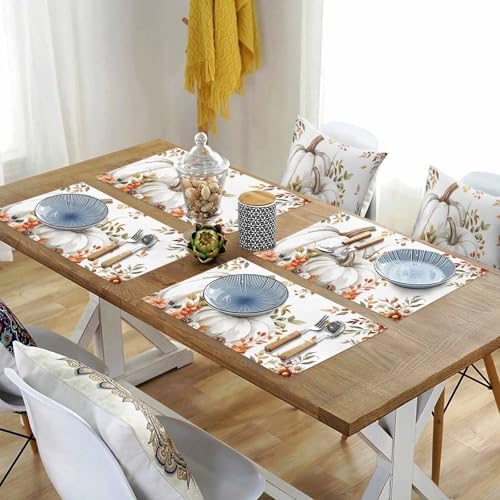 Fall Floral Leaves Placemats Set of 6, Thanksgiving Pumpkins Heat Resistant Washable Table Place Mats Boho Cotton Table Linens Party Holiday Decorations for Home Kitchen Dining Table Outdoor Indoor,
