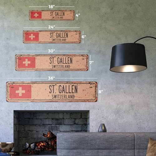 ST. Gallen Switzerland Vintage Aluminum Street Sign Swiss Flag City Country Road Rustic Metal tin Wall Gift | Indoor/Outdoor | 30" Wide