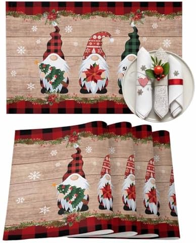 Gnomes Christmas Decorations Placemats Set of 6, Farmhouse Buffalo Plaid Red Black Cotton Line Stain Resistant Table Mats Washable Holidays Placemat For Kitchen Dining Table Winter Snowflakes