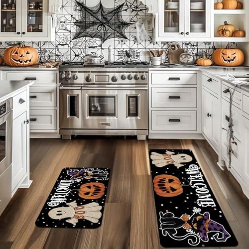 Kitchen Rugs Mat 2 PCS Christmas Halloween Kitchen Rugs Non Slip Washable with 1 PCS Mouse Pad Home Rug Sets Decorations, Ghost Black Cat