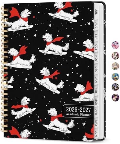 Planner 2026-2027, Jul 2026-Jun 2027 Academic Monthly & Weekly Planner | 6.3" x 8.5" Hardcover Calendar Planner for Women, Spiral Organizer with tabs, School Office Home Supplies, Skate Pup