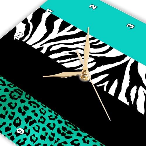 3dRose DPP_35444_1 Aqua Blue Black and White Animal Print Leopard and Zebra Wall Clock, 10 by 10-Inch
