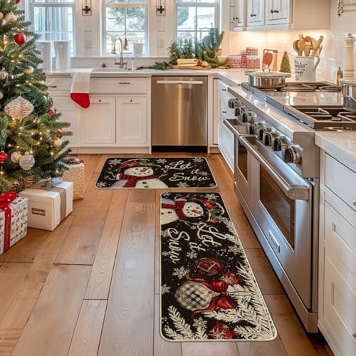 Artoid Mode Black Snowman Let It Snow Snowflake Christmas Kitchen Mats Set of 2, Winter Home Decor Low-Profile Kitchen Rugs for Floor - 17x29 and 17x47 Inch
