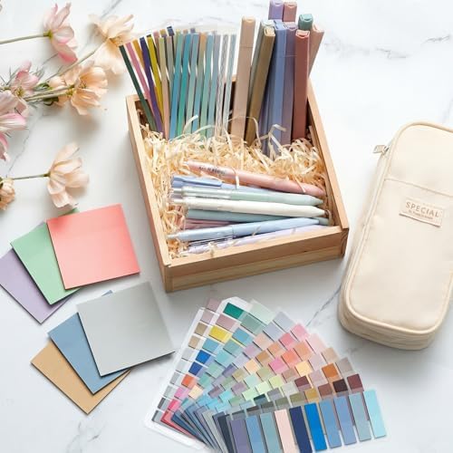 135 Pcs Book Annotation Kit with Pencil Case, 12 Pastel Highlighters, 11 Gel Pens, Fine Marker, 300 Transparent Sticky Notes, 2640 Index Tabs, Bible Study Supplies Kit(Classic,Beige)