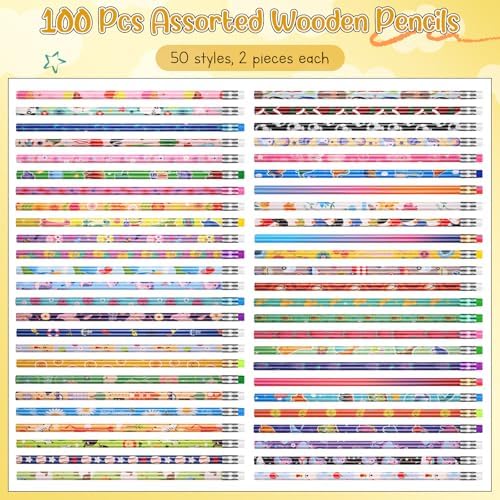Sabary 100 Pcs Assorted Wood Pencil Bulk 50 Styles Colorful #2 HB Pencils